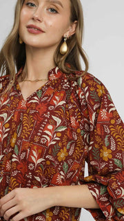 Botanical Print Bubble Sleeve Top