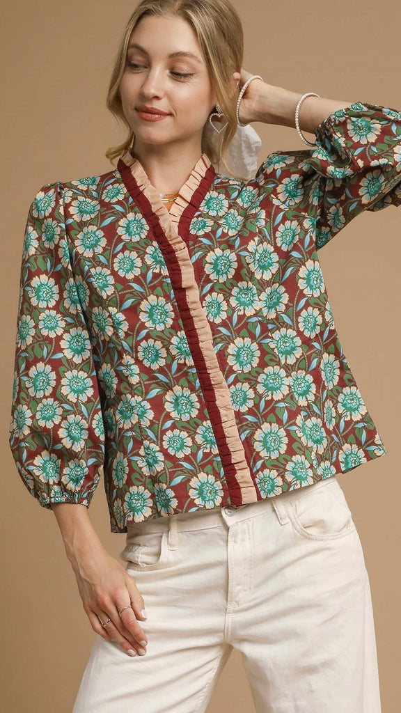 Ruffle Trim Floral Print Top