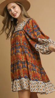 Boho Mixed Print Bubble Slv Dress