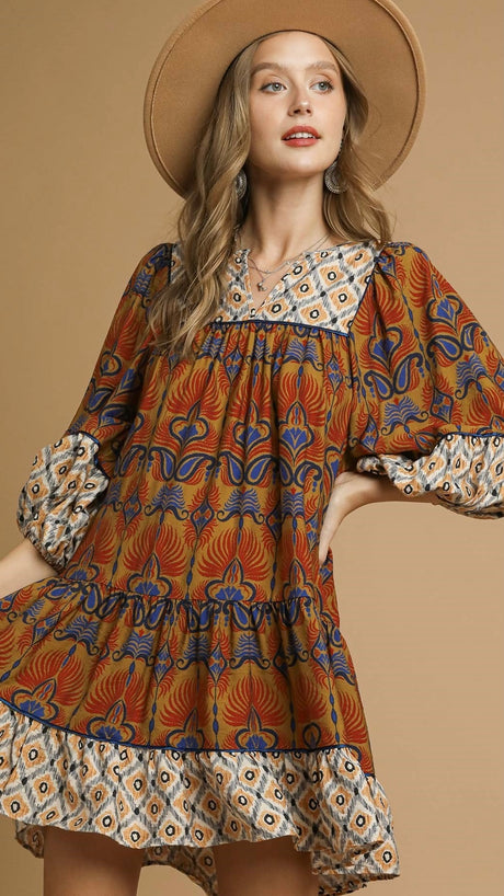 Boho Mixed Print Bubble Slv Dress