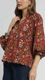 Botanical Print Bubble Sleeve Top