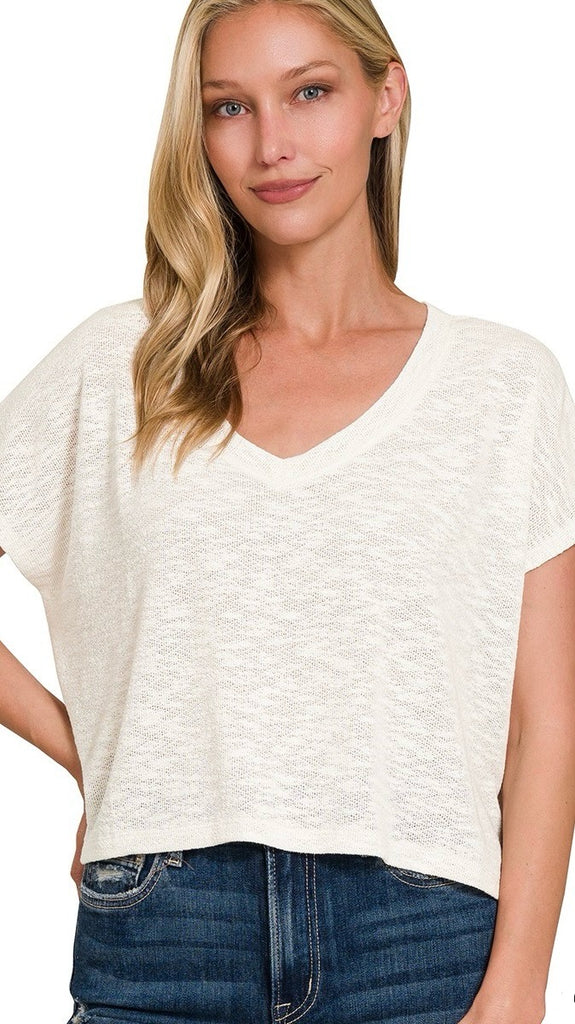 Textured Knit Crop V-Neck Top 2