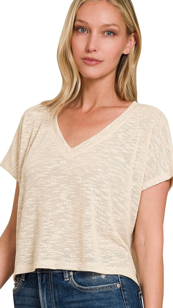 Textured Knit Crop V-Neck Top 2