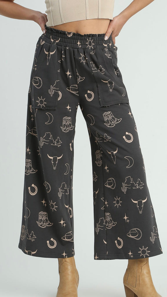 Western Print Wide Leg Pants