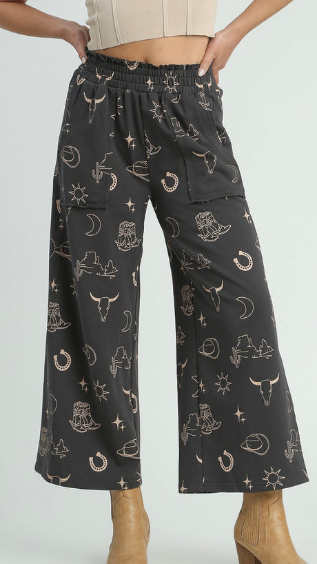 Western Print Wide Leg Pants