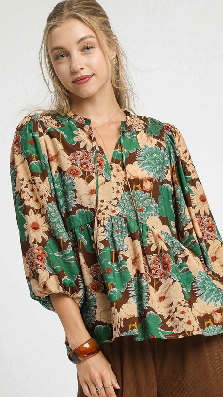 Smocked Shoulder Floral Babydoll Top