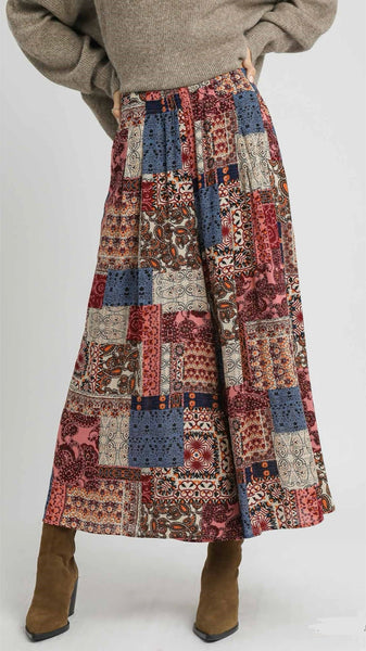 Patchwork Print Wide Leg Pants
