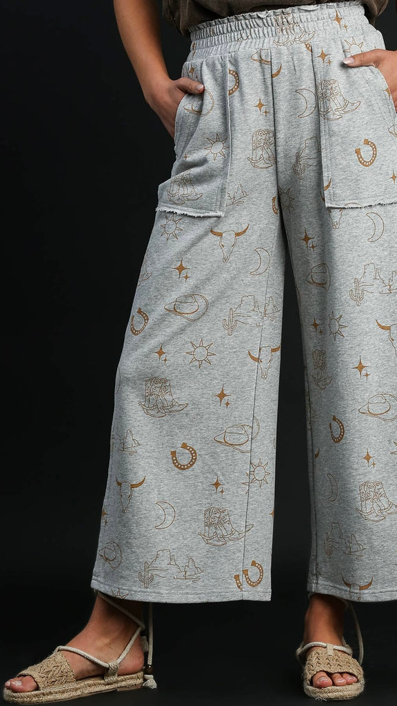 Western Print Wide Leg Pants
