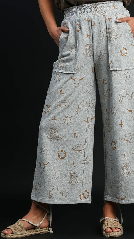 Western Print Wide Leg Pants
