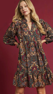 Boho Lotus Print Long Sleeve Dress