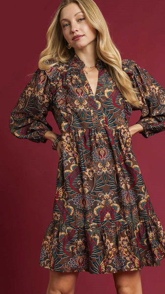 Boho Lotus Print Long Sleeve Dress