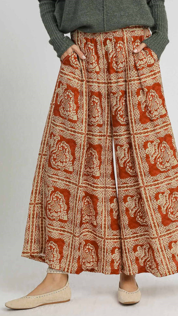 Stamped Print Wide Leg Pants w/Pkts