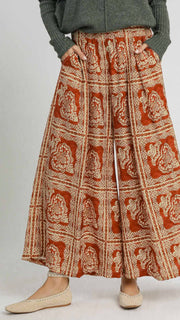 Stamped Print Wide Leg Pants w/Pkts