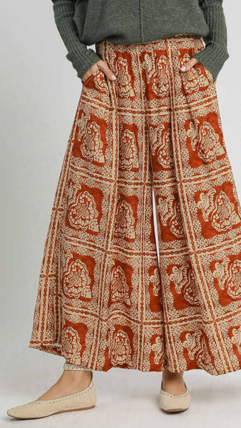 Stamped Print Wide Leg Pants w/Pkts