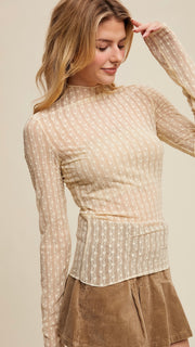 Textured Lace Mock Neck Fitted Top