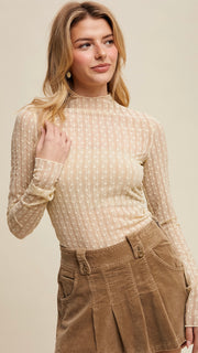 Textured Lace Mock Neck Fitted Top