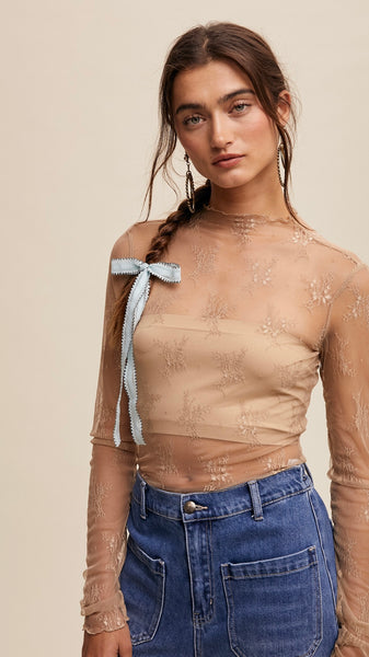 Sheer Lace Mock Neck Fitted Top
