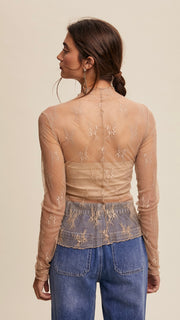 Sheer Lace Mock Neck Fitted Top