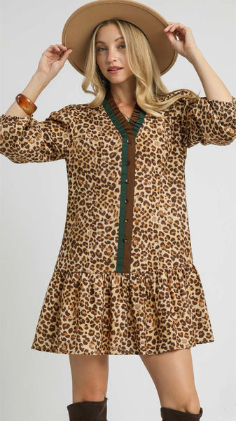 Leopard Drop Waist Ruffle Trim Dress