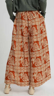 Stamped Print Wide Leg Pants w/Pkts