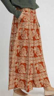 Stamped Print Wide Leg Pants w/Pkts