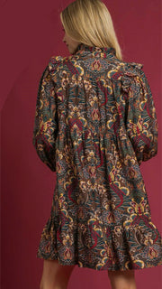 Boho Lotus Print Long Sleeve Dress