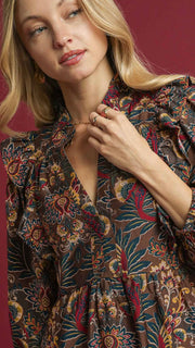 Boho Lotus Print Long Sleeve Dress