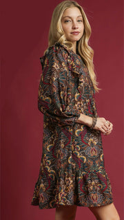 Boho Lotus Print Long Sleeve Dress
