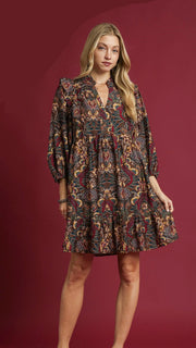 Boho Lotus Print Long Sleeve Dress