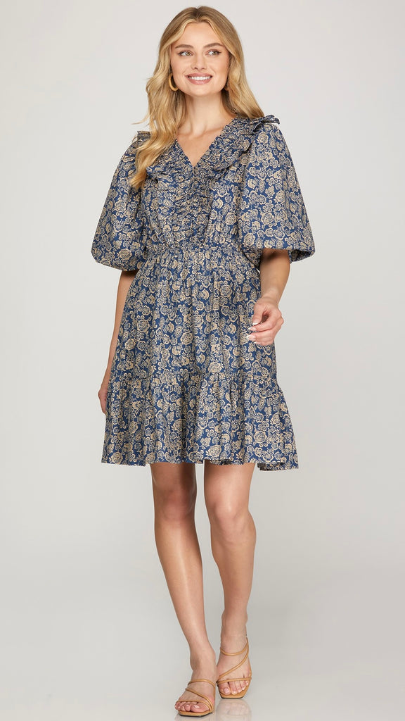 Floral Puff Sleeve Ruffle Trim Dress
