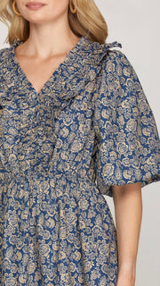 Floral Puff Sleeve Ruffle Trim Dress
