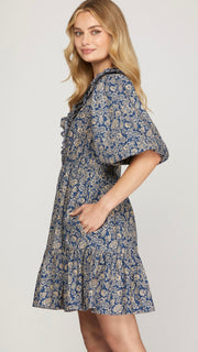 Floral Puff Sleeve Ruffle Trim Dress