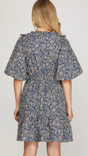 Floral Puff Sleeve Ruffle Trim Dress