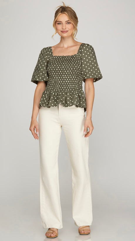 Polka Dot Puff Sleeve Smocked Top