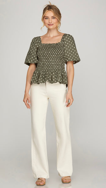 Polka Dot Puff Sleeve Smocked Top