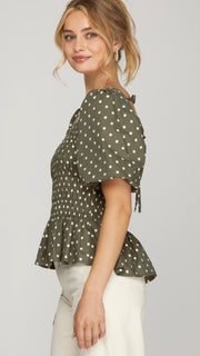 Polka Dot Puff Sleeve Smocked Top