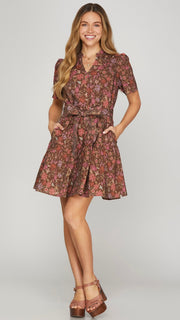 Floral Split Neck Dress w/Pockets