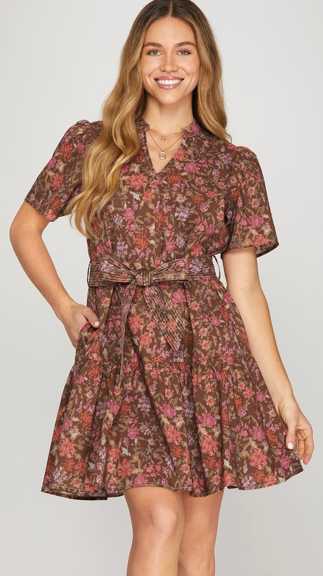 Floral Split Neck Dress w/Pockets