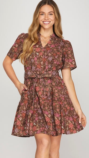 Floral Split Neck Dress w/Pockets