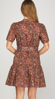 Floral Split Neck Dress w/Pockets