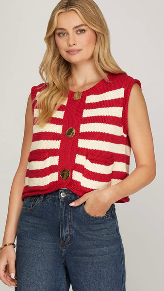 Gold Button Stripe Sweater Vest