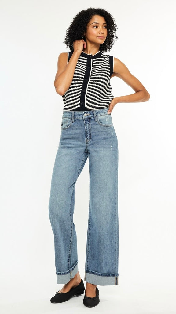 High Rise Cuff Hem Wide Leg Jeans
