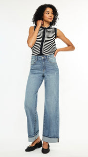 High Rise Cuff Hem Wide Leg Jeans