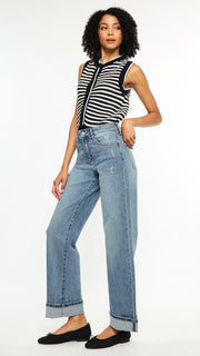High Rise Cuff Hem Wide Leg Jeans