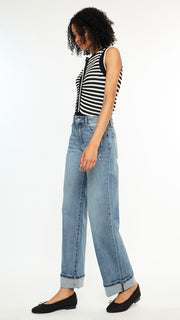 High Rise Cuff Hem Wide Leg Jeans