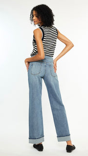 High Rise Cuff Hem Wide Leg Jeans