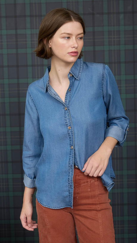 Lt Wt Denim Roll Tab Sleeve Top
