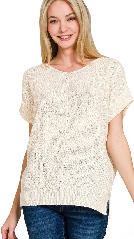 Cuffed Sleeve V-Neck Lt Sweater