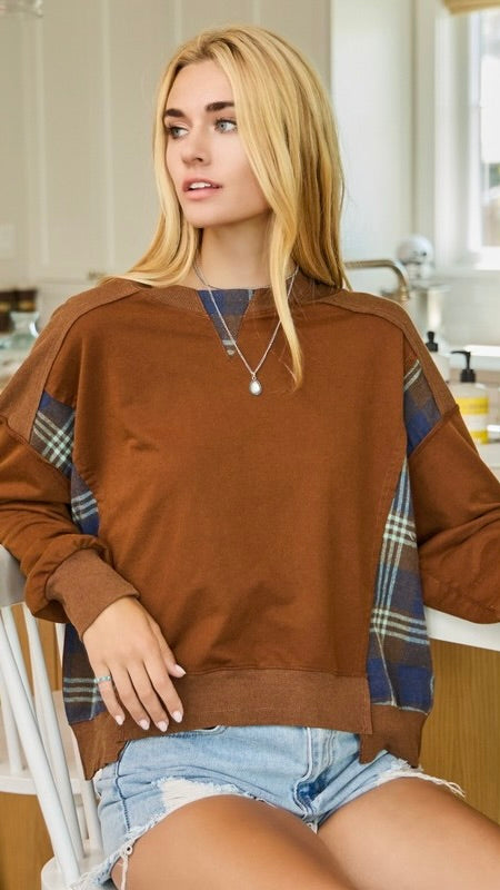 Plaid Accent Mineral Wash Sweatshirt