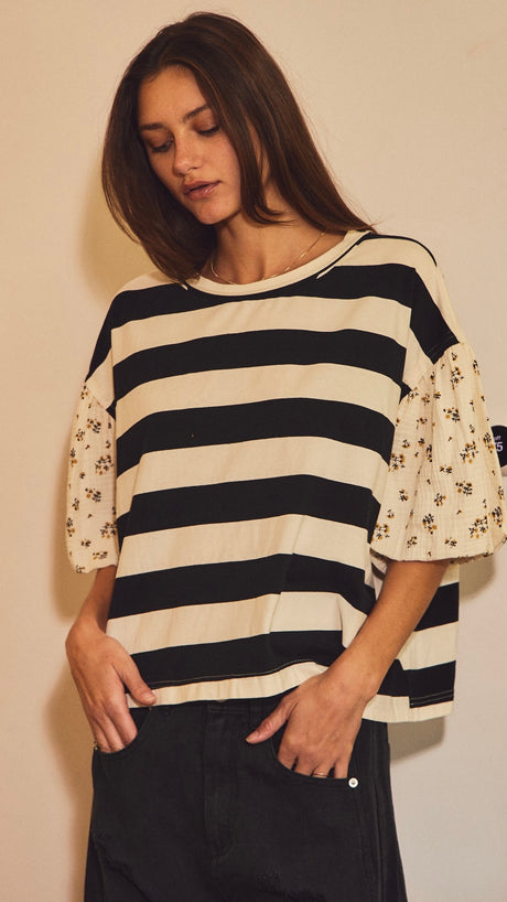 Floral Bubble Sleeve Stripe Top